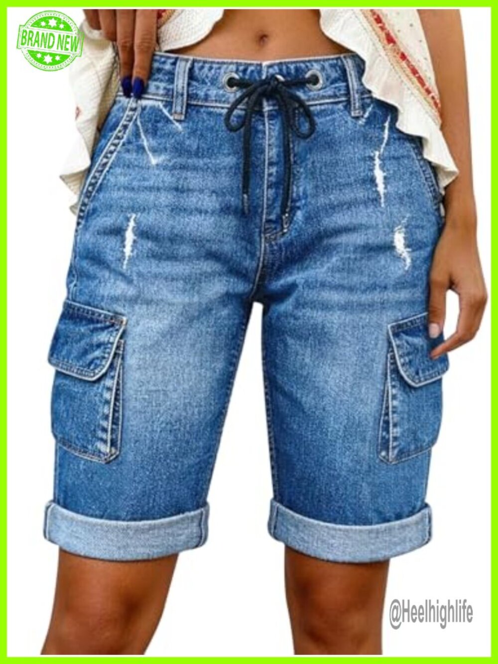 Mid Rise Bermuda Jean Shorts Ripped Cuffed Knee Length